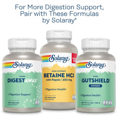 Botella SOLARAY Pancreatin en una cocina junto a alimentos, apoyando digestión en comidas