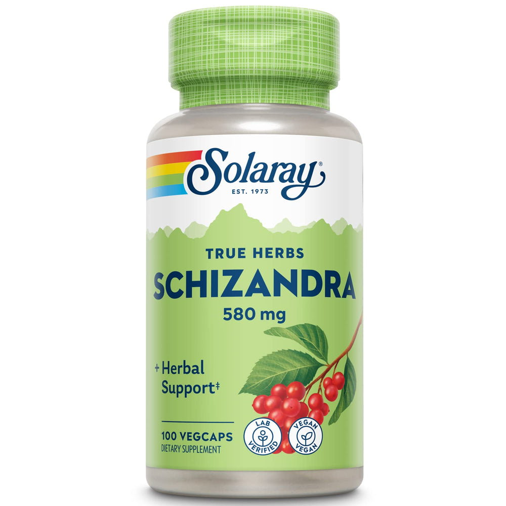 SOLARAY Schizandra bayas 580 mg en botella, apoyo a la rutina diaria.