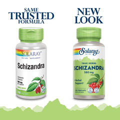SOLARAY Schizandra cápsulas 580 mg en frasco, uso diario conveniente.