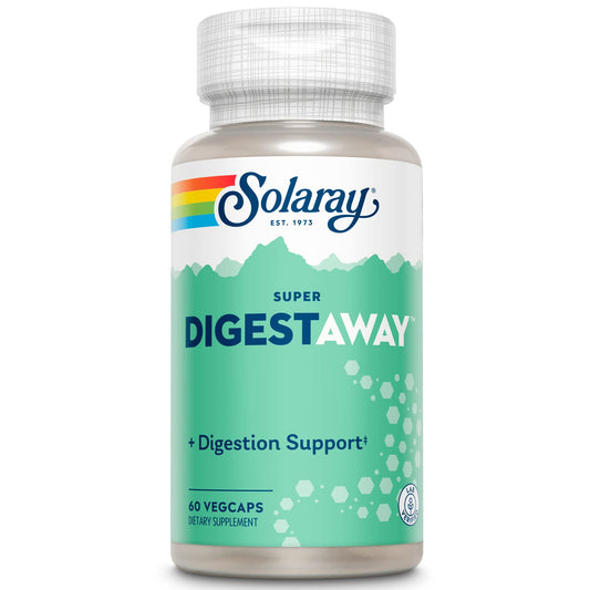 SOLARAY Super Digestaway bottle with label highlighting digestion support ingredients