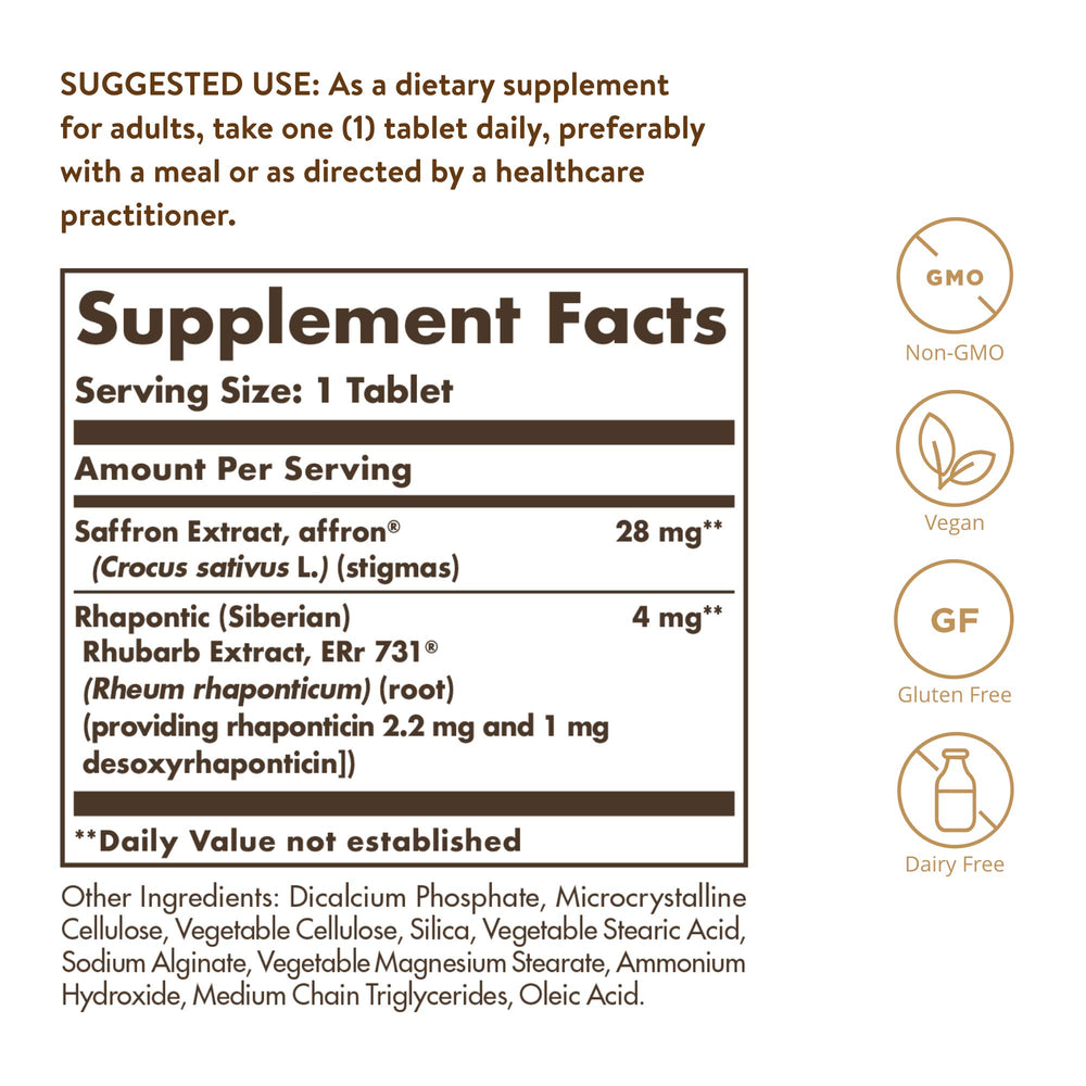 Solgar Alivio para la menopausia, botella trasera, facilidad de uso en la rutina diaria