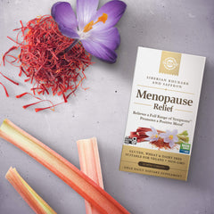 Solgar Alivio para la menopausia, empaque y caja, envase compacto para casa