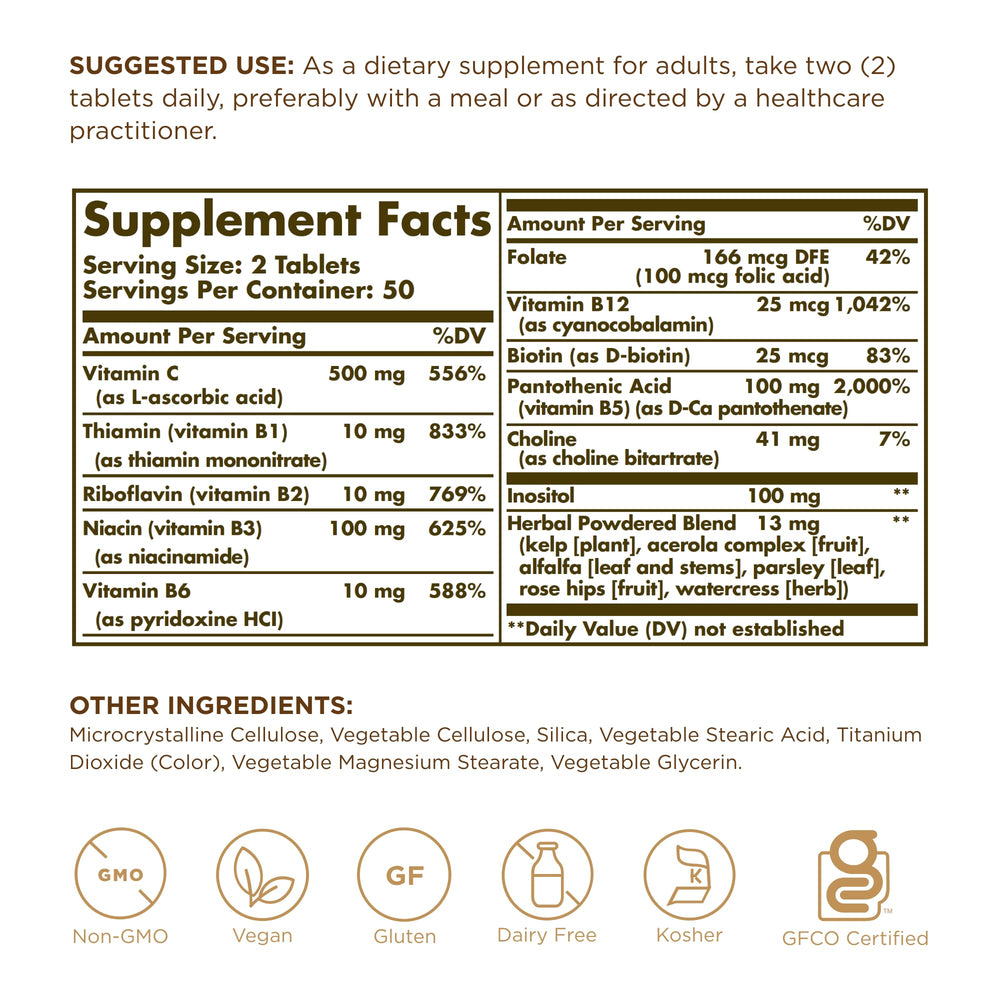 Solgar B-Complejo cápsulas en frasco, formato conveniente para la energía diaria