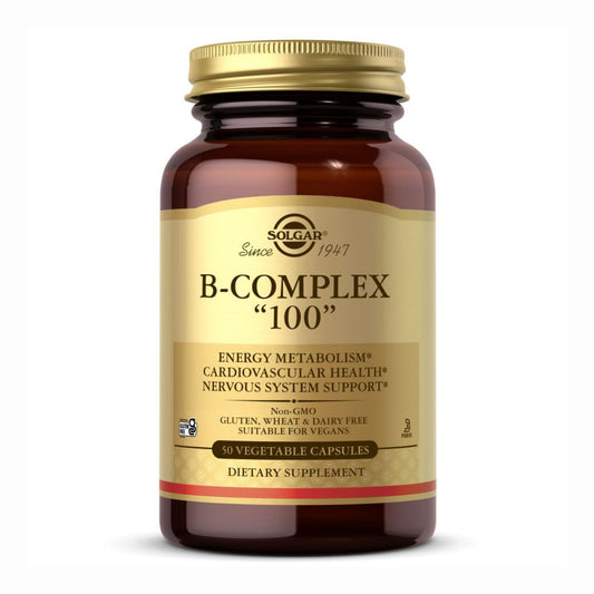 Solgar B-Complex 100 cápsulas vegetales en frasco, apoyo al metabolismo energético.