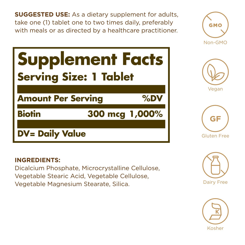 Solgar Biotina 300mcg: detalle de tableta para adherirse a tu día.