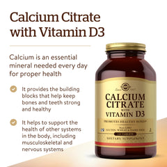 Solgar Calcium Citrate con D3: botella destacada para nutrición ósea