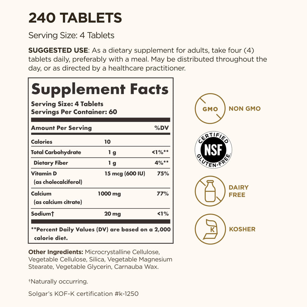 Solgar Calcium Citrate con D3: detalle de tabletas para mayor absorción