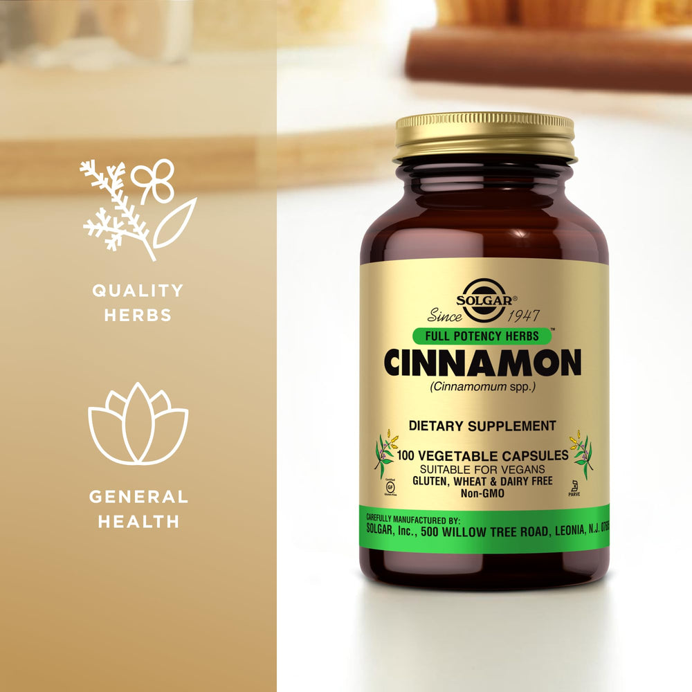 Solgar Canela dosis diaria, una cápsula por toma.