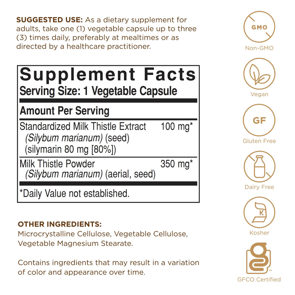 Solgar Cardo Mariano: etiqueta frontal indica dosis de 100 mg por cápsula.