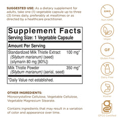 Solgar Cardo Mariano: etiqueta frontal indica dosis de 100 mg por cápsula.