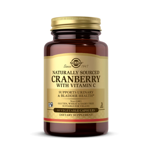 Solgar Cranberry with Vitamin C bottle, easy daily urinary health support