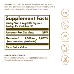 Solgar cromo picolinato 500 mcg – etiqueta frontal: lectura clara de ingredientes y dosis.