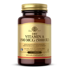 Solgar envase frontal de Vitamin A dry mostrando etiqueta y beneficio para piel y ojos