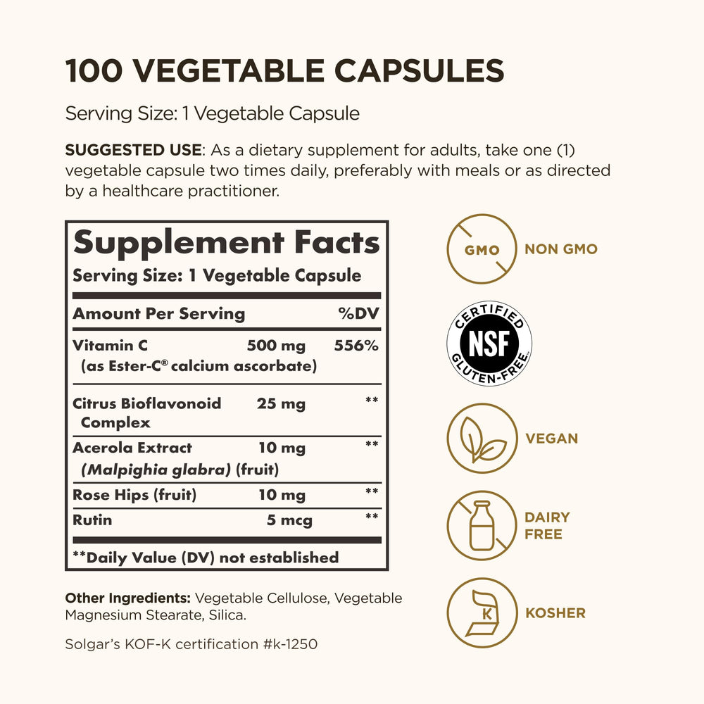 Cápsula vegetal Solgar Ester-C en primer plano, detalle de superficie y tamaño