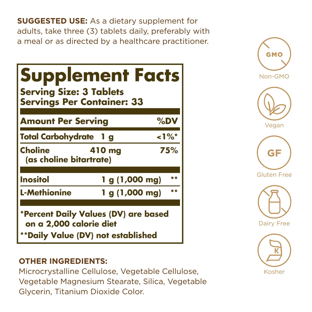 Solgar factores lipotrópicos 100 tabletas, etiqueta frontal, lectura rápida de la dosis diaria.