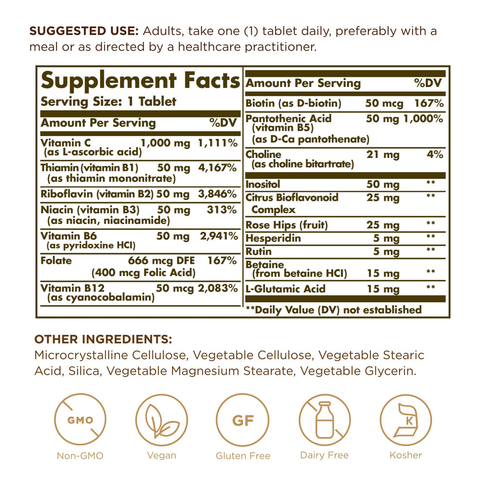 Solgar Fórmula Compleja B+C Estrés, etiqueta clara para dosis diaria
