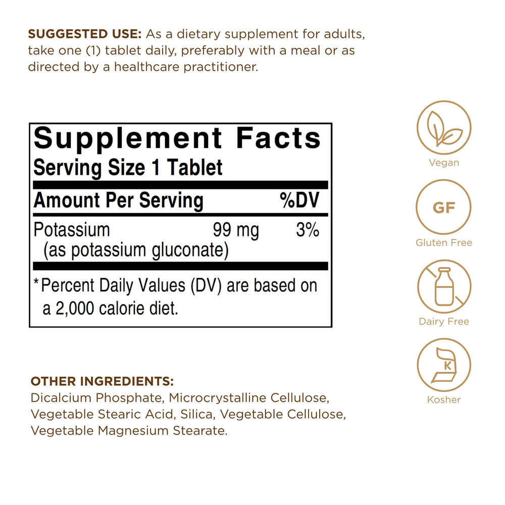 Solgar gluconato de potasio, etiqueta frontal para identificación