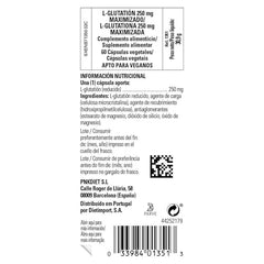 Solgar glutatión reducido 250 mg, etiqueta: datos del producto y modo de empleo