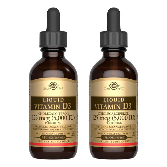 Solgar Liquid Vitamin D3 orange bottle pour shows easy daily supplementation.