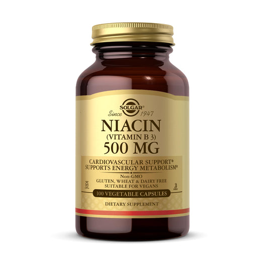 Solgar Niacin 500mg 100 VCaps bottle on shelf supports normal energy metabolism.