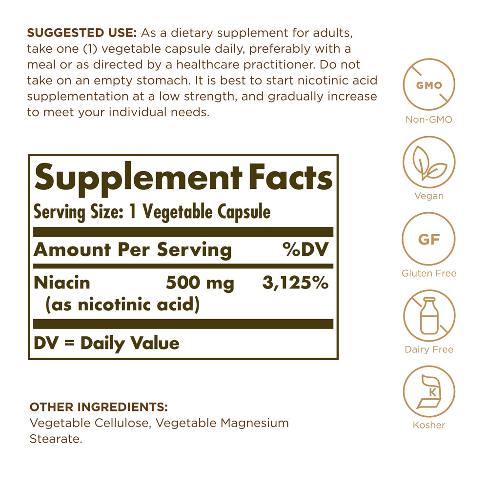 Solgar Niacin 500mg capsules close-up showing vegetarian form for daily use.