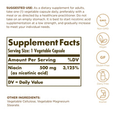 Solgar Niacin 500mg capsules close-up showing vegetarian form for daily use.
