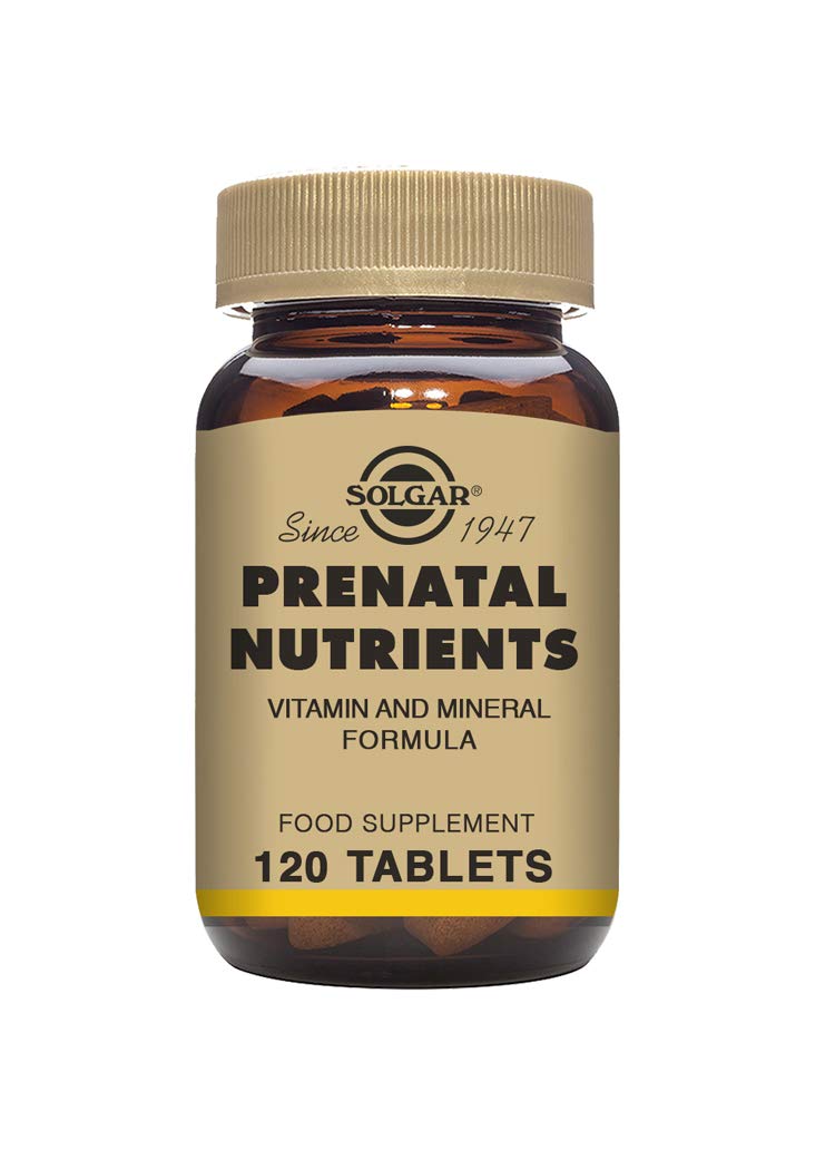 Solgar Nutrientes Prenatales, empaque frontal, comodidad diaria para el embarazo.