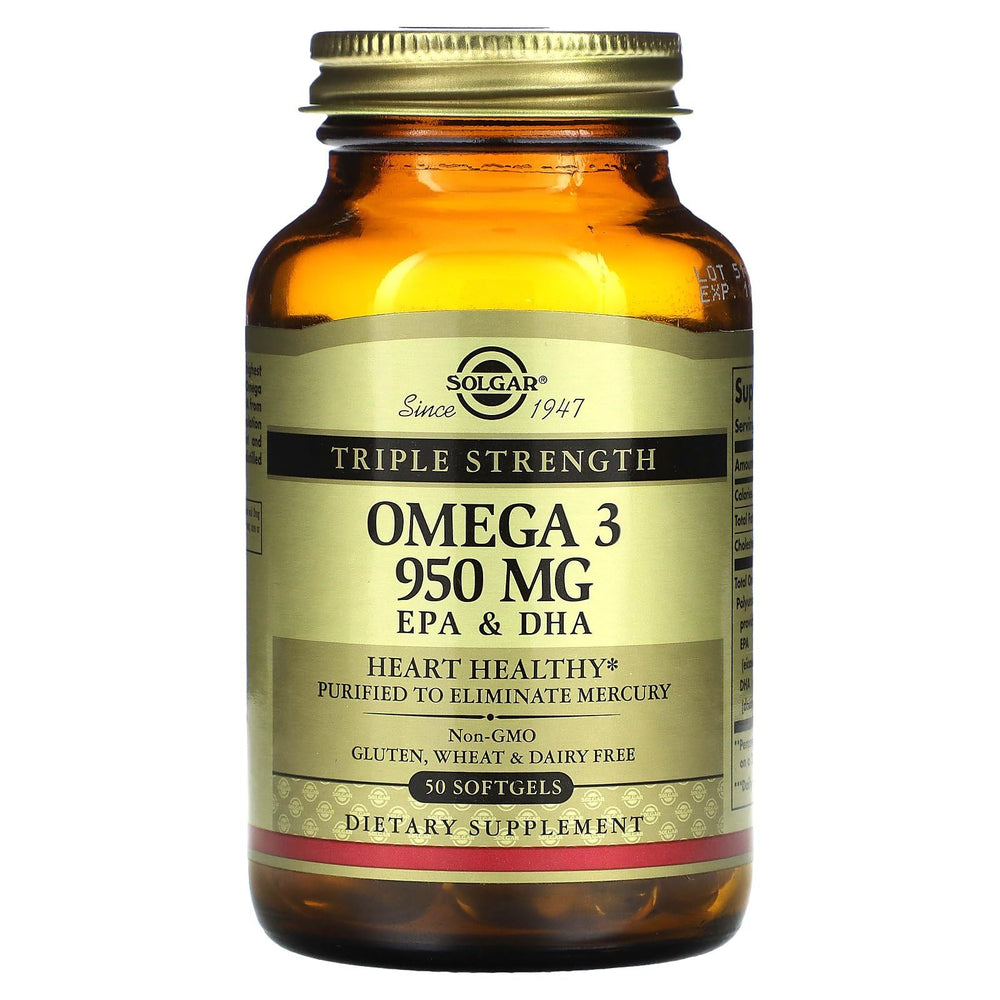 Solgar Omega-3 950 mg - cápsulas blandas en primer plano, formato práctico