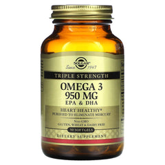 Solgar Omega-3 950 mg - cápsulas blandas en primer plano, formato práctico