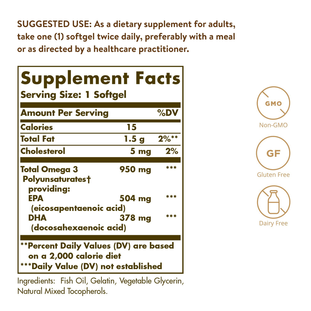 Solgar Omega-3 950 mg - etiqueta detallada para control de dosis
