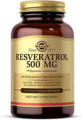 Solgar resveratrol bote frontal mostrando etiqueta y beneficios claros