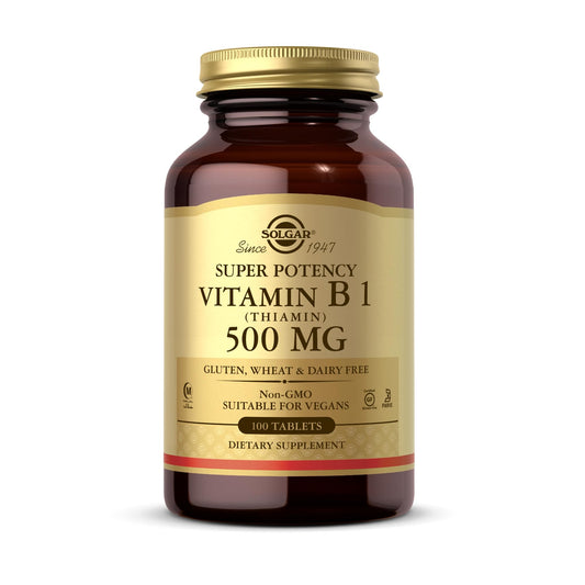 Solgar Vitamin B1 Thiamin bottle front view showing the 100-tablet bottle and potency