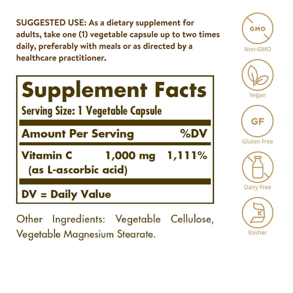 Etiqueta frontal de Solgar Vitamin C 1000 mg con información del producto
