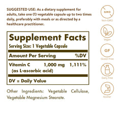 Etiqueta frontal de Solgar Vitamin C 1000 mg con información del producto