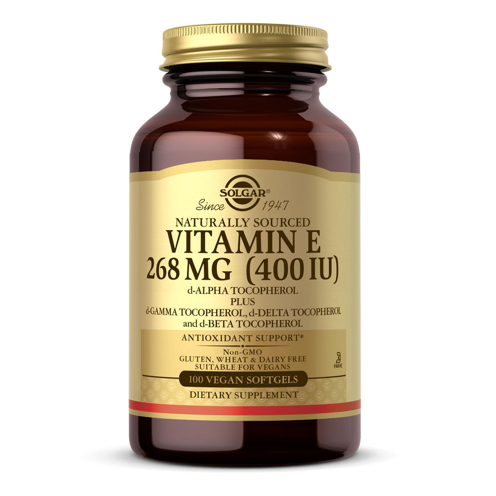 Solgar Vitamin E 268 mg bottle front, premium antioxidant support for daily wellness.