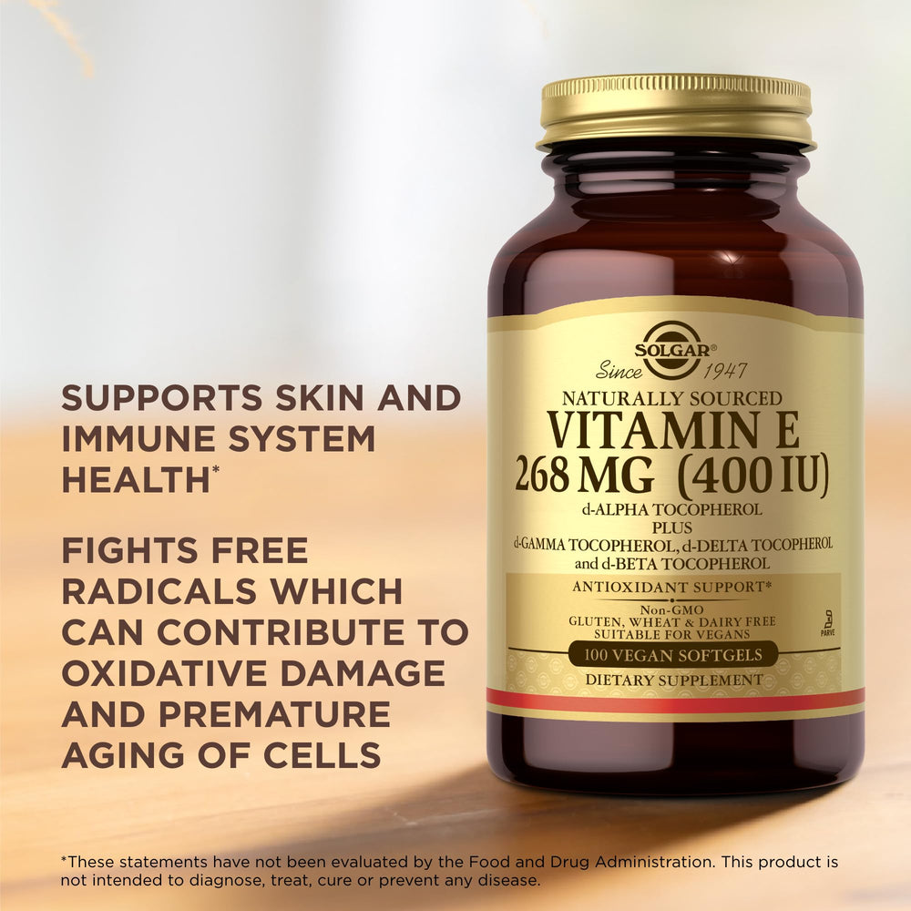 Solgar Vitamin E label shows gluten-free and vegan-friendly formula.