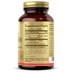 Solgar Vitamin E softgels with oil-based formula for absorption.