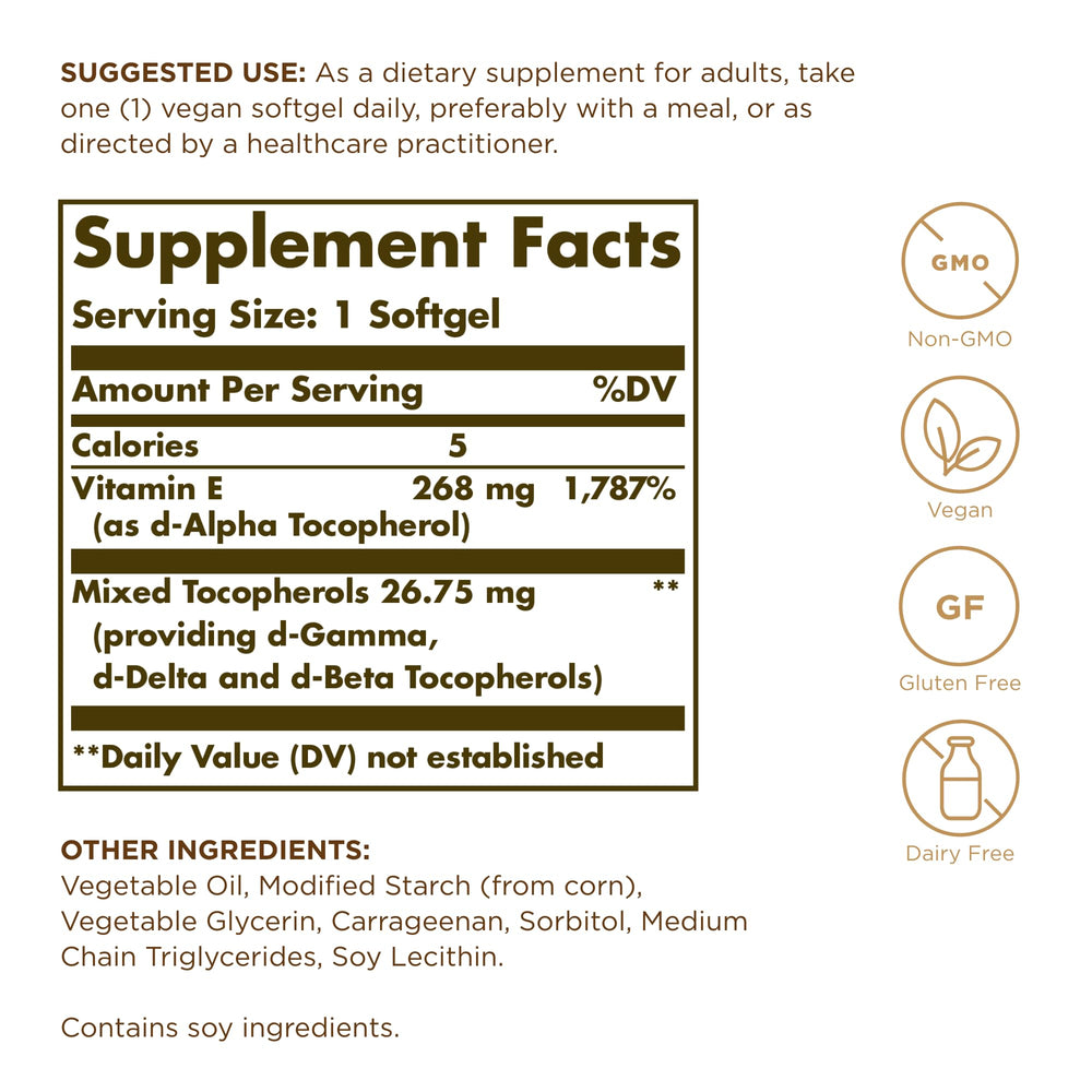 Solgar Vitamin E 268 mg softgels closeup, easy-to-swallow capsules for daily use.