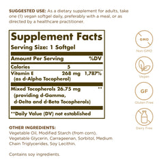 Solgar Vitamin E 268 mg softgels closeup, easy-to-swallow capsules for daily use.
