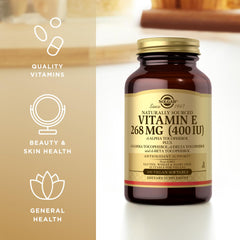Solgar Vitamin E softgels in bottle, supports skin and immune health.