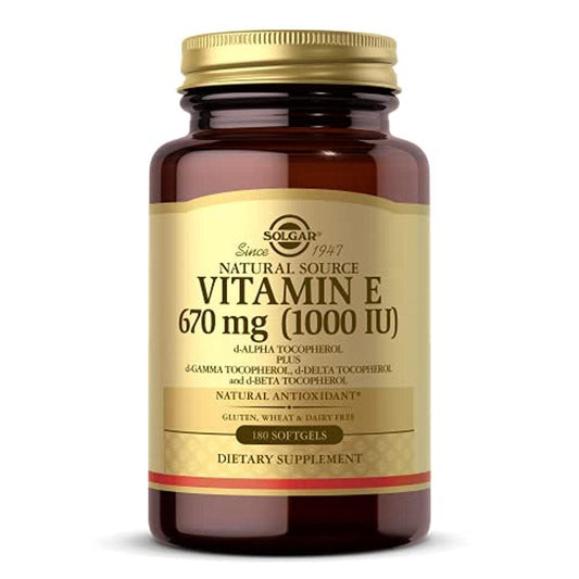 Solgar Vitamin E 670 mg bottle with softgels for daily antioxidant support.