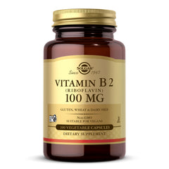 Solgar frasco frontal mostrando Vitamina B2 100 mg y beneficios de energía