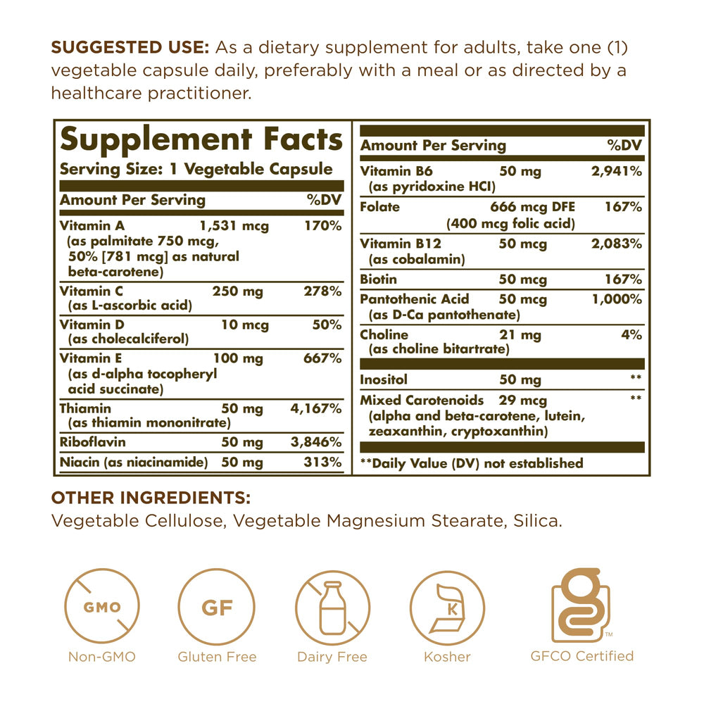 Solgar Vitaminas Solo: cápsulas vegetales para consumo diario.