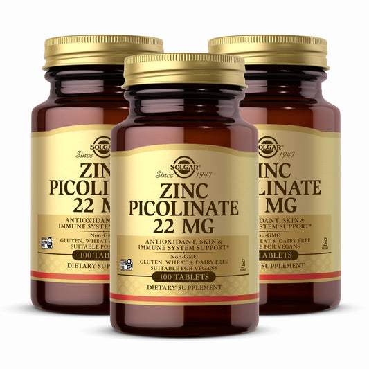 Solgar Zinc Picolinato 22 mg en pack de 3 tabletas para uso diario.