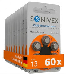 SONIVEX frontal del paquete de 60 pilas tamaño 13 mostrando cantidad y marca, beneficio: reserva prolongada
