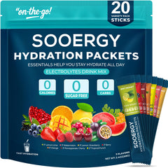 Sooergy frente del empaque mostrando 20 sticks y variedad de sabores, conveniencia portable
