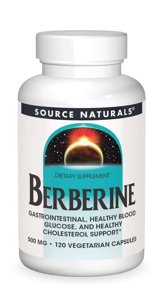 Source Naturals Berberine bottle front highlighting 500 mg capsules for GI support.