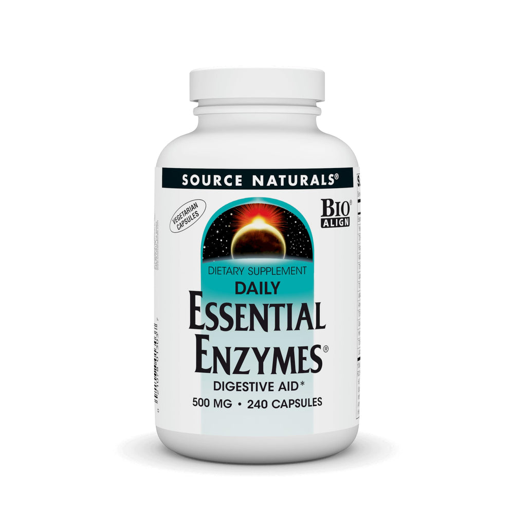 Source Naturals Enzimas Esenciales, botella de cápsulas vegetarianas, apoyo digestivo diario.