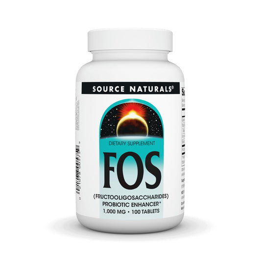 Source Naturals FOS 1000 mg, botella de tabletas para apoyar la flora intestinal.