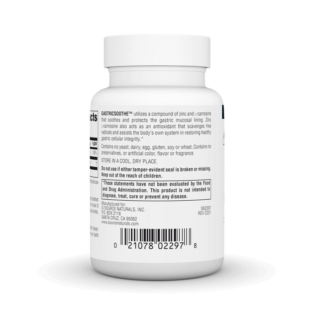 Etiqueta de Source Naturals GastricSoothe mostrando ingredientes y recomendaciones, información útil